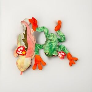 x2 90's TY Beanie Baby -PANAMA the‎ Tree Frog & Rainbow The Iguana Chameleon Toy